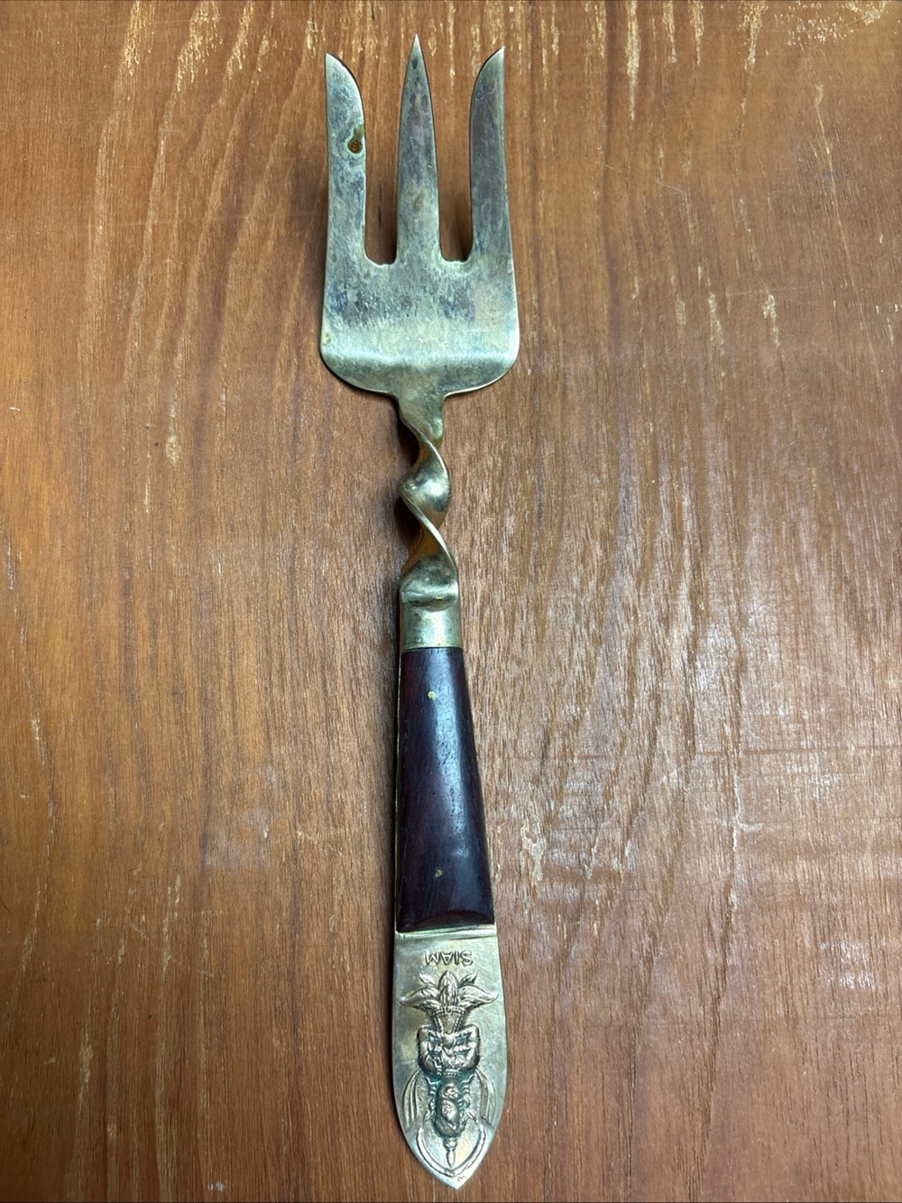 Vintage Siam Thailand Twisted Serving Fork Silverware Brass Wood Handle Flatware